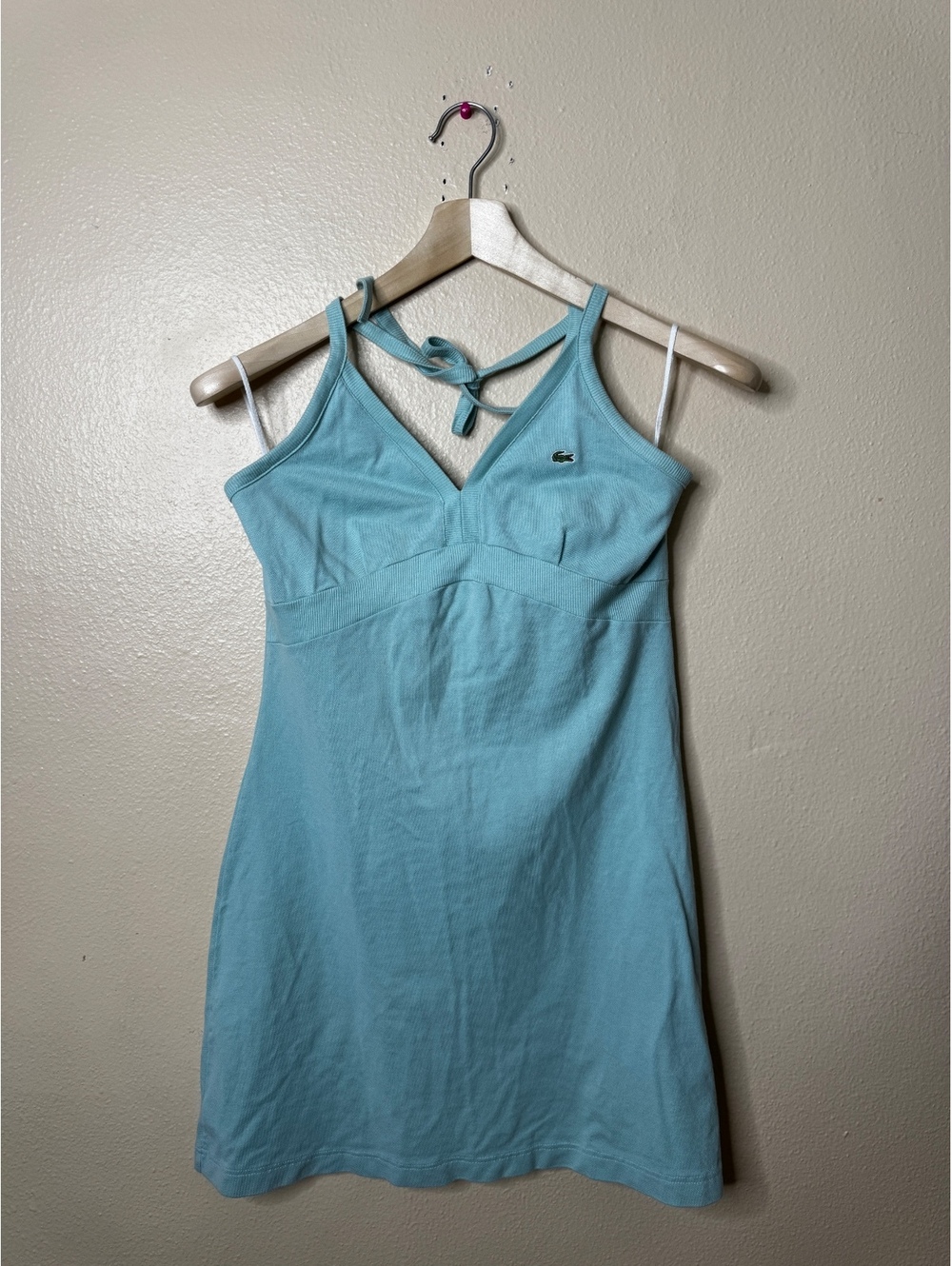 Lacoste Women’s Size 40 Blue Halter Mini Dress Cotton Stretch Y2K Crocodile Logo